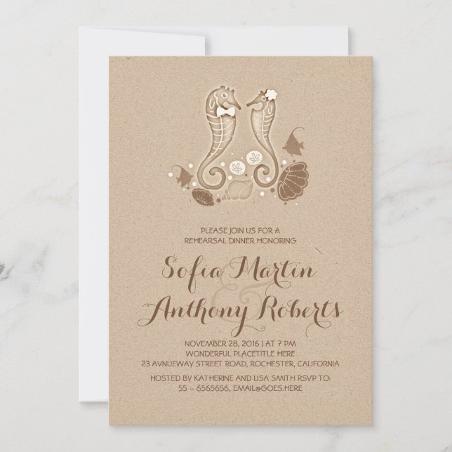 Seahorse couple beach rehearsal dinner invitation (Front)