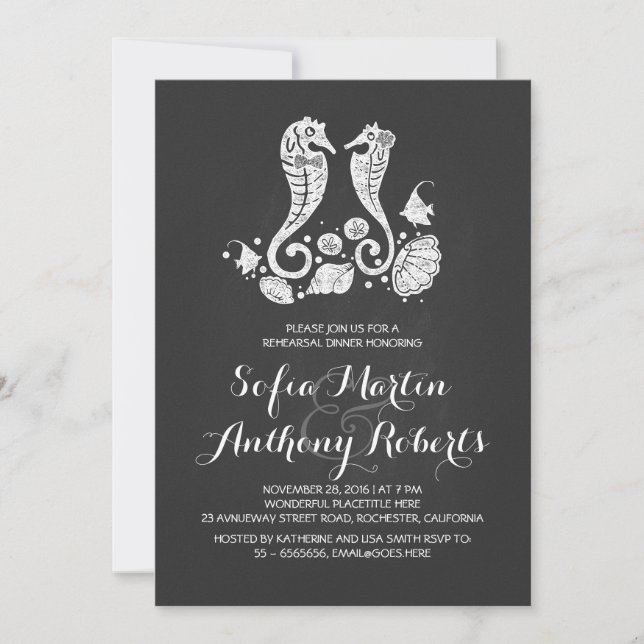 Seahorse couple beach rehearsal dinner invitation (Front)