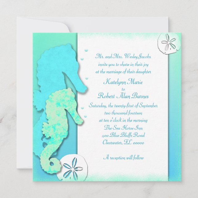 Seahorse Couple Ombre Aqua Wedding Invitation (Front)