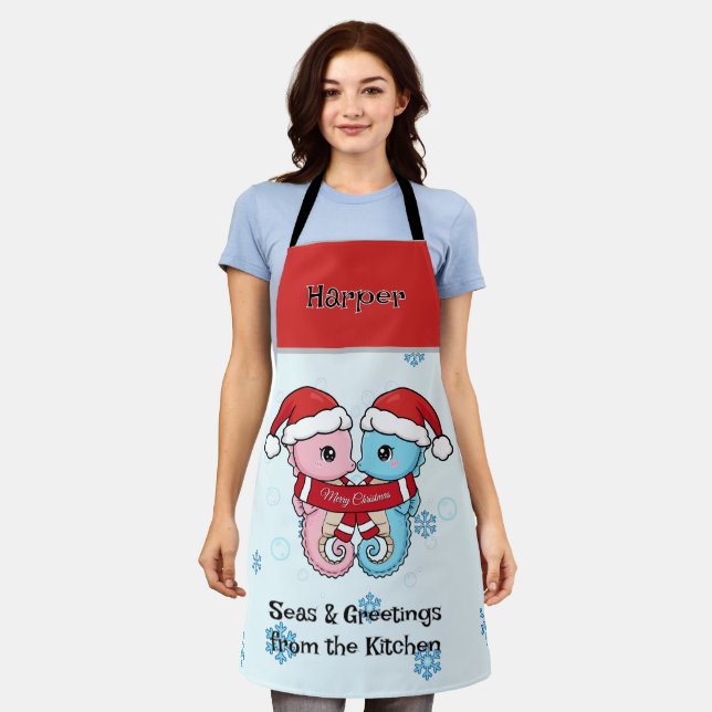 Seahorse Couple Personalized Christmas Apron (Worn)