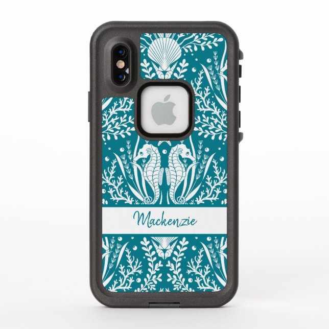 Seahorse Damask Ocean Sea Life Personalized LifeProof iPhone Case (Back)