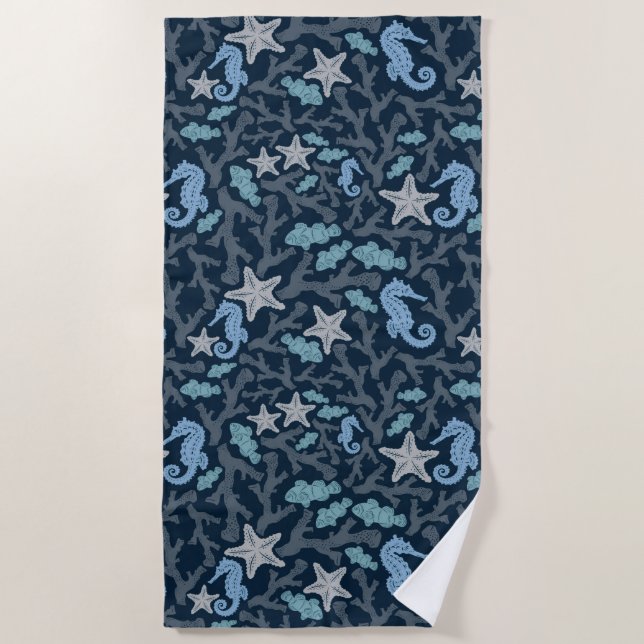 Seahorse Deep Blue Pattern Beach Towel (Front)