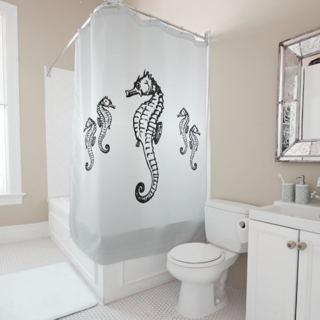 Seahorse Design on Silver Shower Curtain (In Situ)