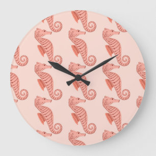Seahorse doodle ornament: pink background. large clock