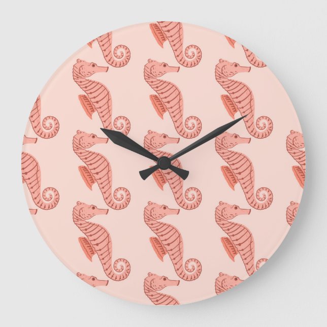 Seahorse doodle ornament: pink background. large clock (Front)