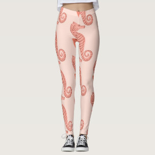 Seahorse doodle ornament: pink background. leggings