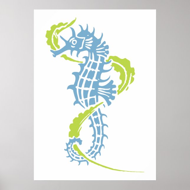 Seahorse dusk blue, lime green and seaweed poster (Front)