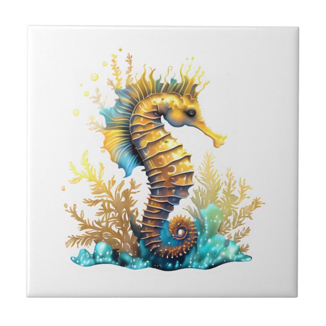 Seahorse fantasy blue gold under the sea tile (Front)