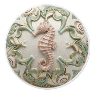 Seahorse Faux Relief Sea horse Cream Gold & Green Ceramic Knob