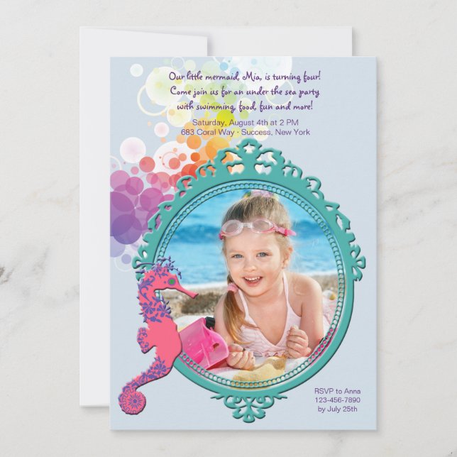 Seahorse Frame Photo Birthday Party Invitation (Front)