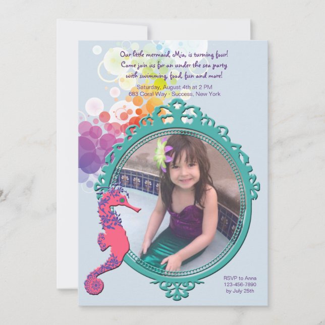 Seahorse Frame Photo Birthday Party Invitation (Front)