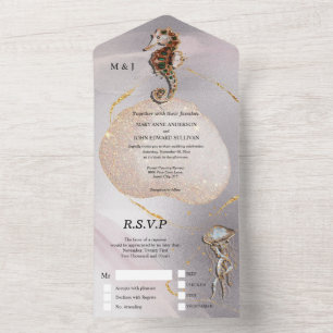 Seahorse glitter jelly fish abstract beach wedding all in one invitation