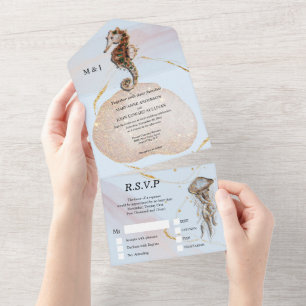 Seahorse glitter jelly fish blue gold beach   all  in one invitation