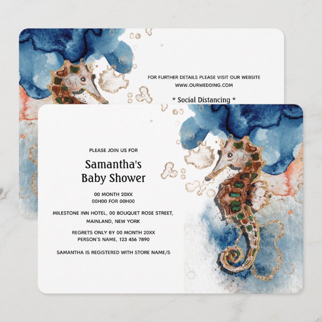 Seahorse illustration navy orange gold watercolor invitation (Front/Back)