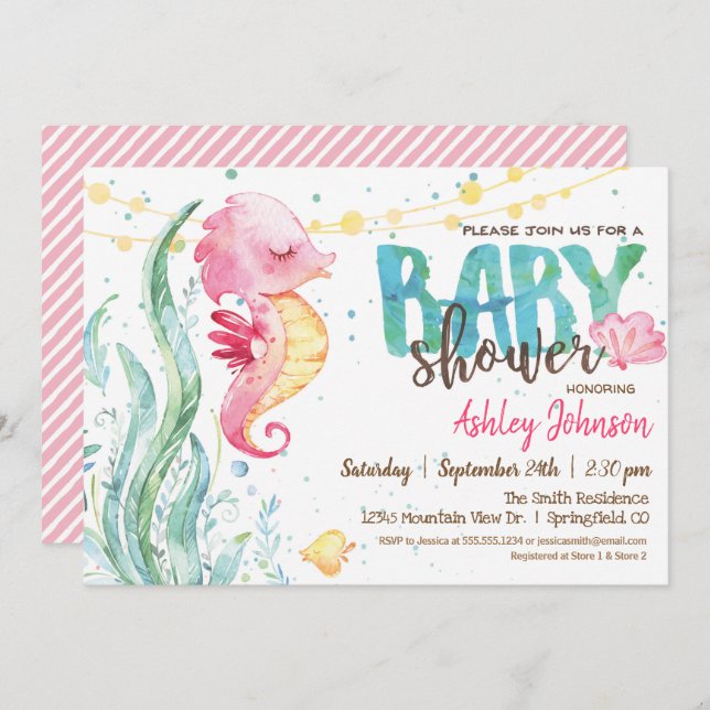 Seahorse, invitation Baby shower fille (Devant / Derrière)