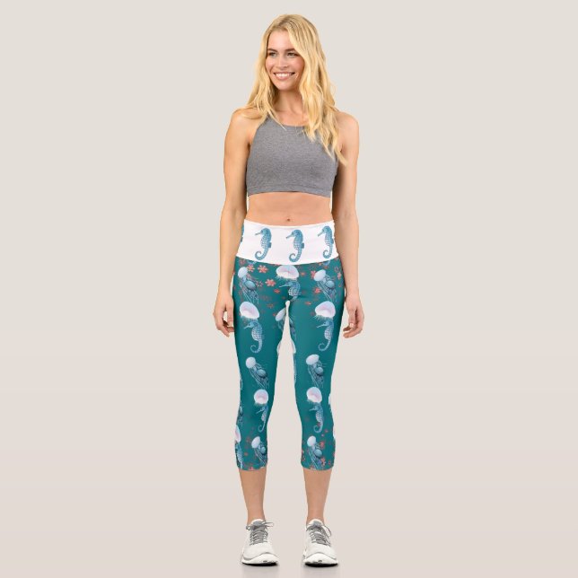 Seahorse Jellyfish Deep Sea Marine Life Ocean Cute Capri Leggings (Front)