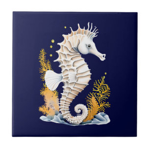 Seahorse marine fish 3D blue orange beach theme Tile