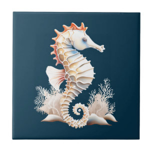 Seahorse marine fish 3D blue orange beach theme Tile