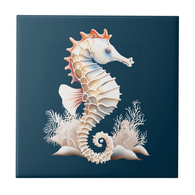Seahorse marine fish 3D blue orange beach theme Tile (Front)