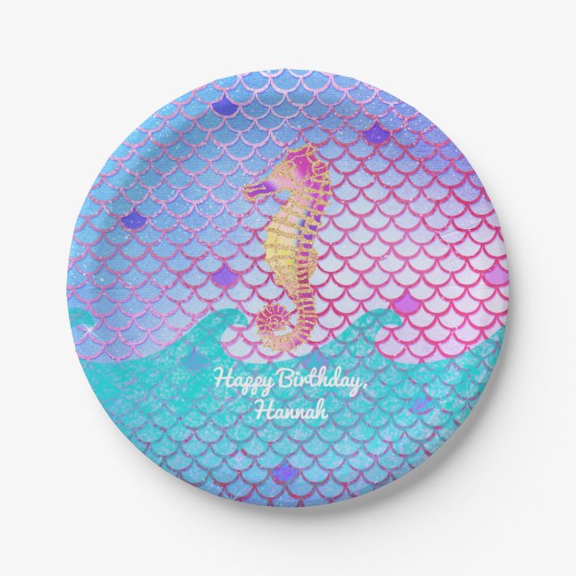 Seahorse Mermaid Birthday Party Personalized Paper Plate (Front)