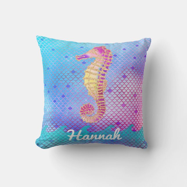 Seahorse Mermaid Scales Pink Blue Ocean Name Throw Pillow (Front)