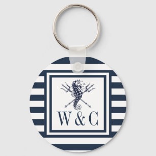 Seahorse Monogram Navy Blue Striped Nautical  Keychain
