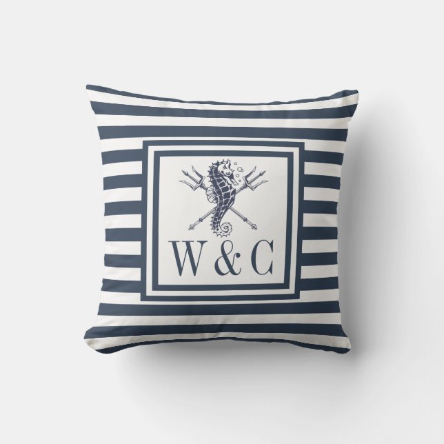 Seahorse Monogram Navy Blue Striped Nautical Outdoor Pillow (Front)