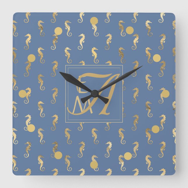 Seahorse Monogram Sea Blue Gold Home Decor Square Wall Clock (Front)