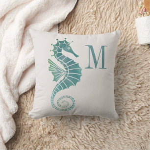 Seahorse Monogram Teal Cream Ocean Monogram Throw Pillow