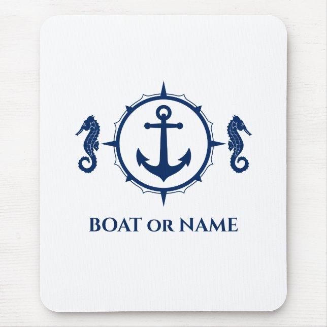 Seahorse Nautical Anchor Your Boat or Name Blue Mouse Pad (Front)