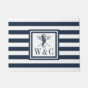 Seahorse Nautical Monogram Navy Blue Stripe Doormat