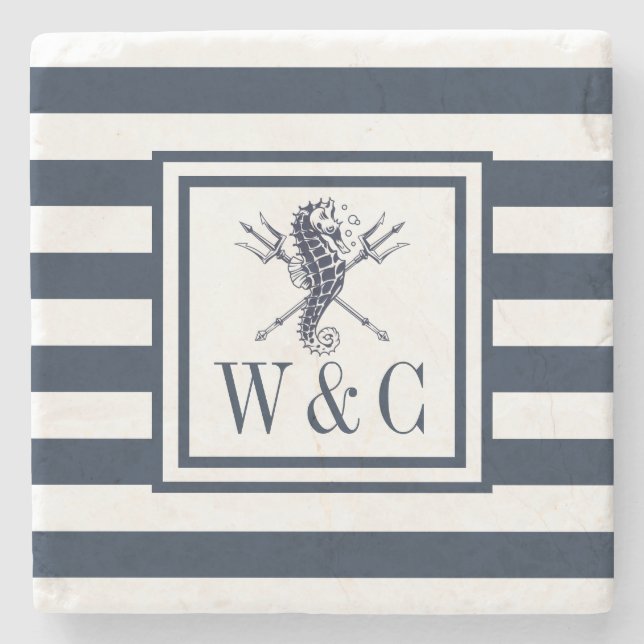Seahorse Nautical Monogram Navy Blue Stripe Stone Coaster (Front)