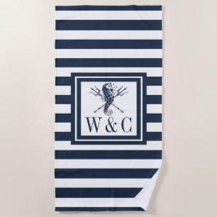 Seahorse Navy Blue Stripe Nautical Monogram Beach  Towel