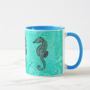 Seahorse on Aqua Splash Turquoise Marble Pattern Mug