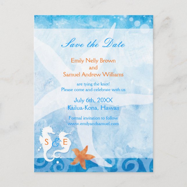 Seahorse Pair Beach Wedding Save the Date Announcement Postcard (Front)