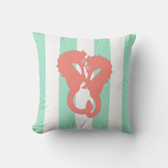 Seahorse Pair on Seafoam Green Stripes Outdoor Pillow (Front)