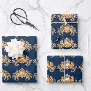 Seahorse pattern blue orange decoupage wrapping paper sheet