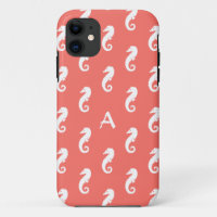 Seahorse Pattern in Coral and White Monogram