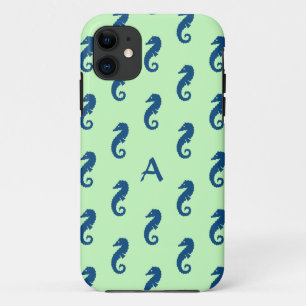 Seahorse Pattern in Mint Green & Navy Monogram iPhone 11 Case