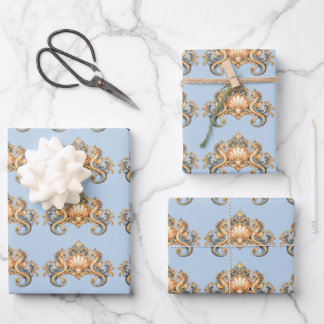 Seahorse pattern pastel blue orange nautical wrapping paper sheet