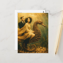 Seahorse Ride Fantasy Faux Vintage Photography Postcard