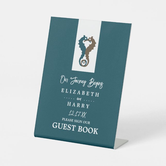 Seahorse Romance, Beach Wedding Pedestal Sign (Front)