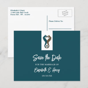 Seahorse Romance, Beach Wedding Save The Date Postcard