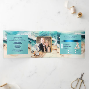 Seahorse sandy beach ocean waves watercolor Tri-Fold invitation