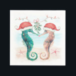 Seahorse Santa Coastal Christmas Kiss Beach   Napkin<br><div class="desc">Coastal theme Christmas napkins feature a watercolor seahorse couple on the beach wearing Santa hats and kissing under mistletoe. Visit my "Seahorse Coastal Christmas Kiss" collection for coordinating greeting cards,  invitations,  party supplies,  decor and more. Art by KL Stock.</div>