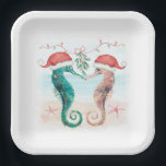 Seahorse Santa Coastal Christmas Kiss Beach Paper Plate<br><div class="desc">Coastal theme Christmas paper plates feature a watercolor seahorse couple on the beach wearing Santa hats and kissing under mistletoe. Visit my "Seahorse Coastal Christmas Kiss" collection for coordinating invitations,  cards,  party supplies,  decor and more. Art by KL Stock.</div>