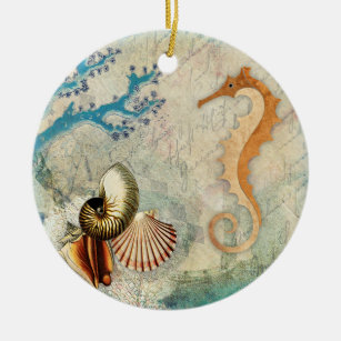 Seahorse Sea Shells Ceramic Ornament