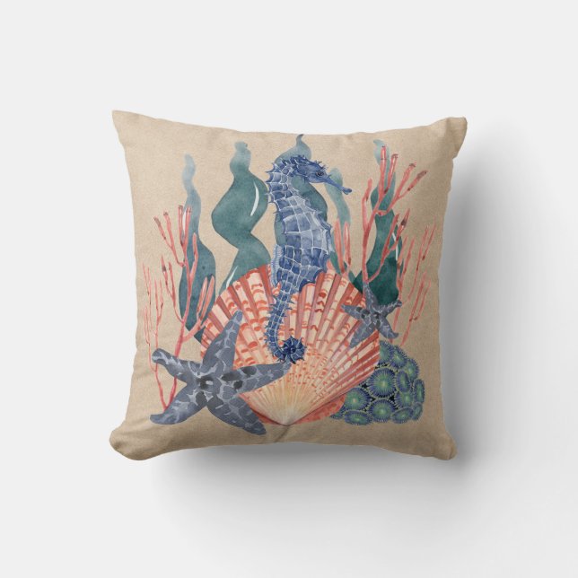 Seahorse Seashell Blue Orange Beige Ocean Sealife  Throw Pillow (Front)