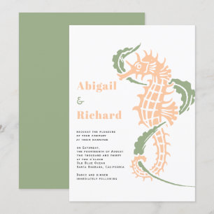 Seahorse, seaweed peach, sage green beach wedding invitation