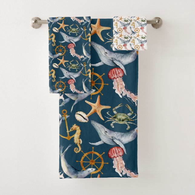 Seahorse, Ships Wheel, whales, Crab, Starfish Blue Bath Towel Set (Insitu)